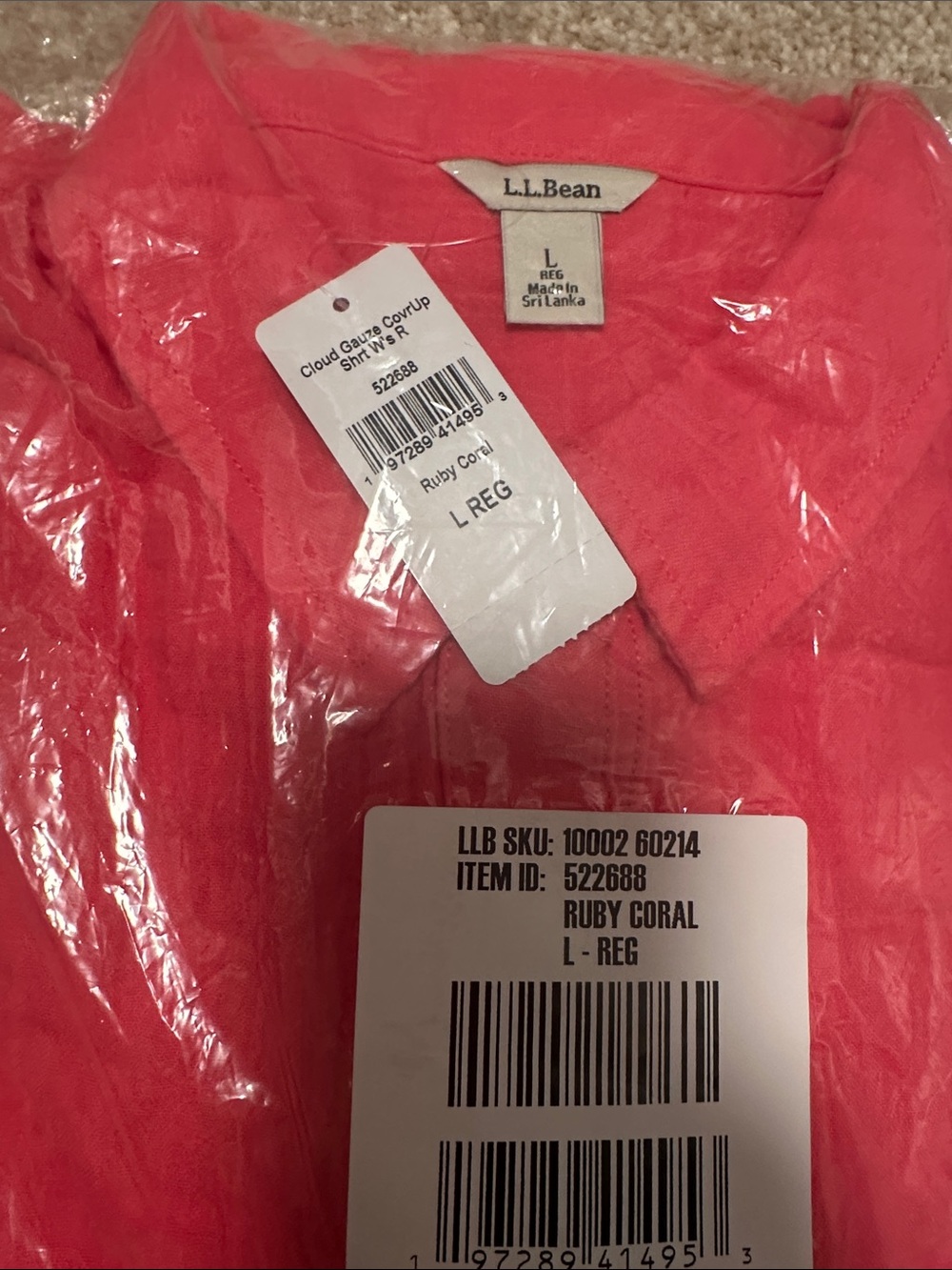 L.L. Bean Womenโs Ruby Coral Gauze Button-Down Swim Cover Up